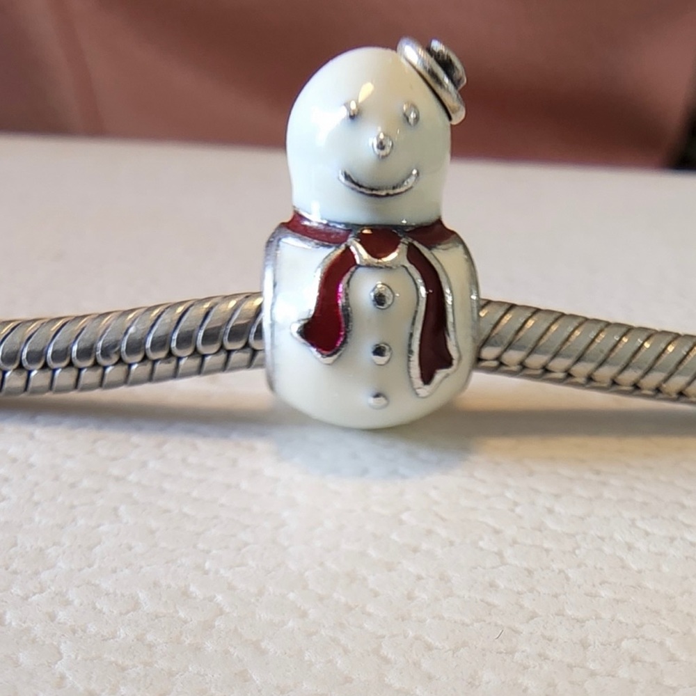 Pandora Retired Sterling Silver Happy Snowman Winter Bead White & Red Enamel - Picture 2 of 6